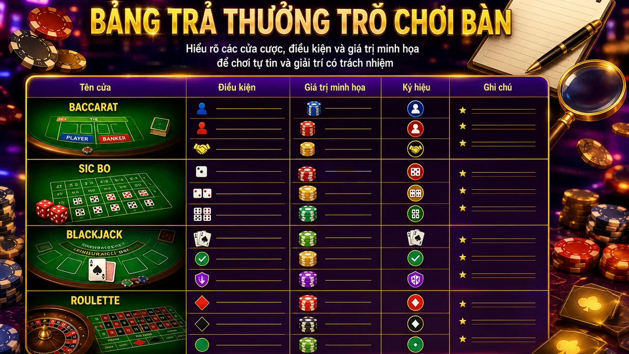Học đọc bảng trả thưởng bàn dễ hơn: cách đọc bảng trả thưởng trò chơi bàn mu88